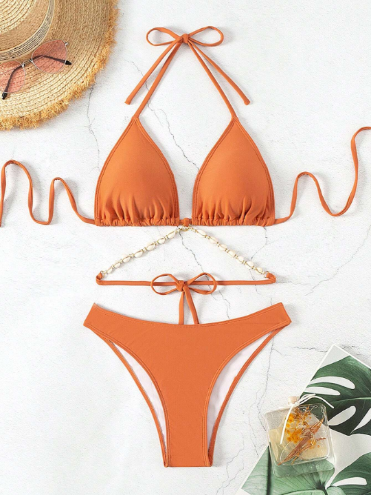 Solid Color Halter Neck Strap Bikini Swimsuit Set With Shell Embellished Triangle Top, Tie Back Swimwear Bathing Suit Beach Outfit Summer Vacation