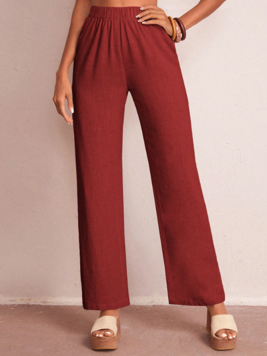 LUNE Solid Color Elastic Waist Straight Leg Pants