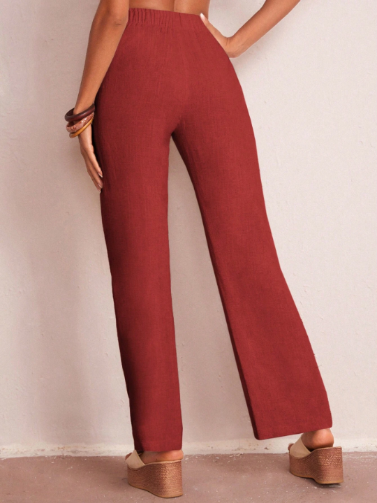 LUNE Solid Color Elastic Waist Straight Leg Pants