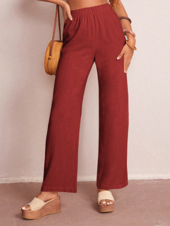 LUNE Solid Color Elastic Waist Straight Leg Pants