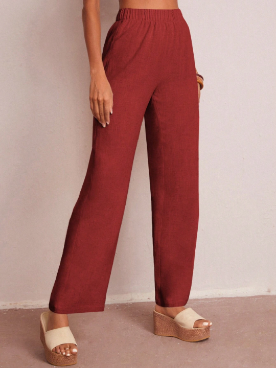 LUNE Solid Color Elastic Waist Straight Leg Pants