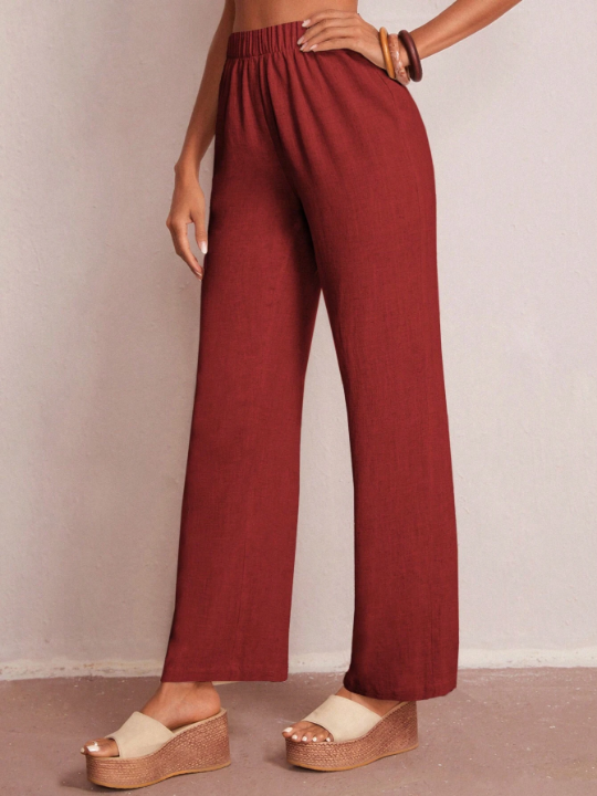 LUNE Solid Color Elastic Waist Straight Leg Pants