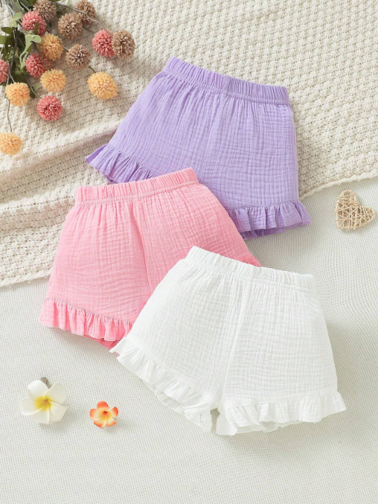 3pcs/Set Solid Color Ruffled Shorts For Baby Girls