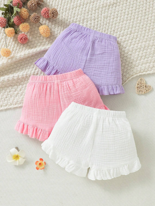 3pcs/Set Solid Color Ruffled Shorts For Baby Girls