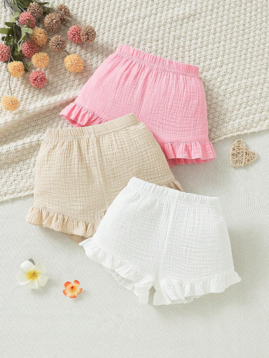 3pcs Baby Girl Solid Color Ruffle Hem Shorts