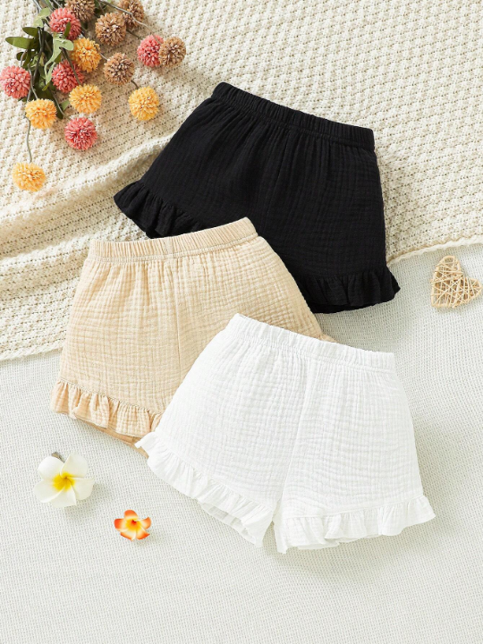 3pcs/Pack Baby Girls' Solid Color Ruffle Shorts