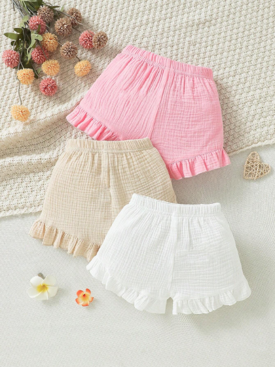 3pcs Baby Girl Solid Color Ruffle Hem Shorts