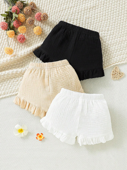 3pcs/Pack Baby Girls' Solid Color Ruffle Shorts