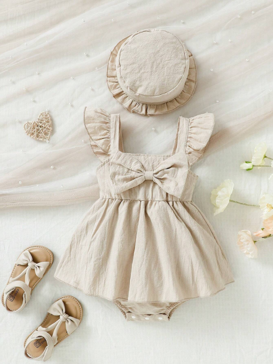 Baby Girls' Solid Color A-Line Dress With Flutter Sleeves And Bow Decor