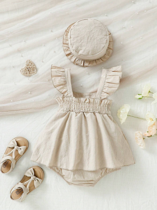 Baby Girls' Solid Color A-Line Dress With Flutter Sleeves And Bow Decor