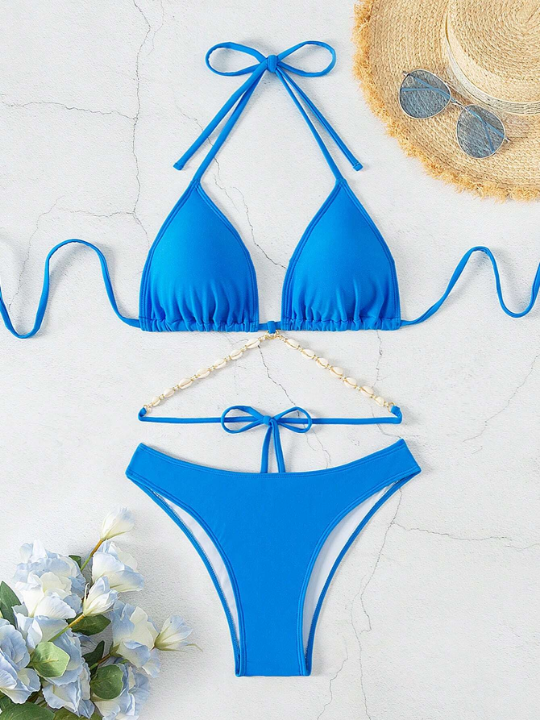 Shell Decorated Halter Triangle Bikini Swimsuit Set, Two Piece Swimwear Bathing Suit Beach Outfit Summer Vacation