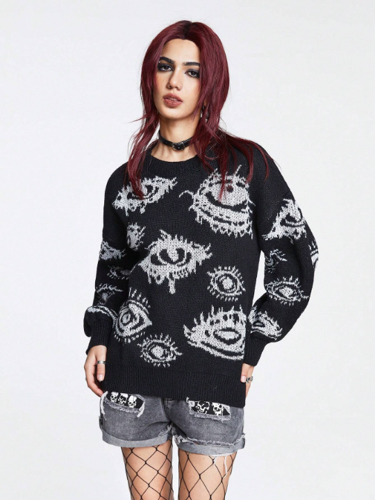 ROMWE Grunge Punk Eye Pattern Drop Shoulder Sweater