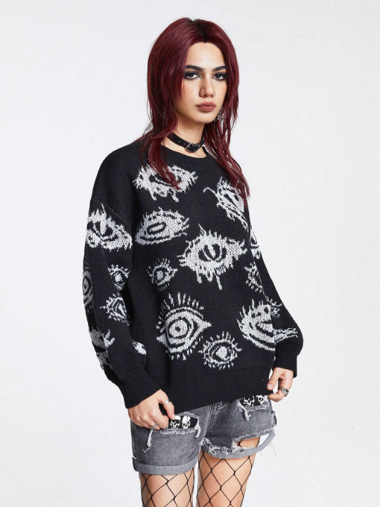 ROMWE Grunge Punk Eye Pattern Drop Shoulder Sweater