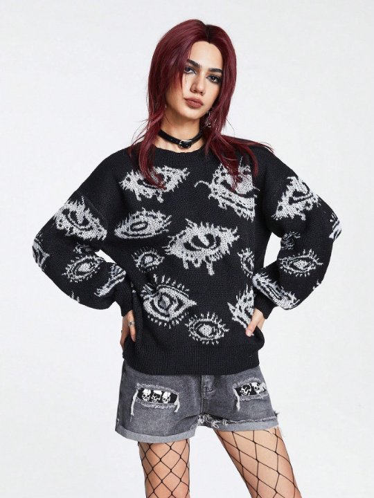 ROMWE Grunge Punk Eye Pattern Drop Shoulder Sweater