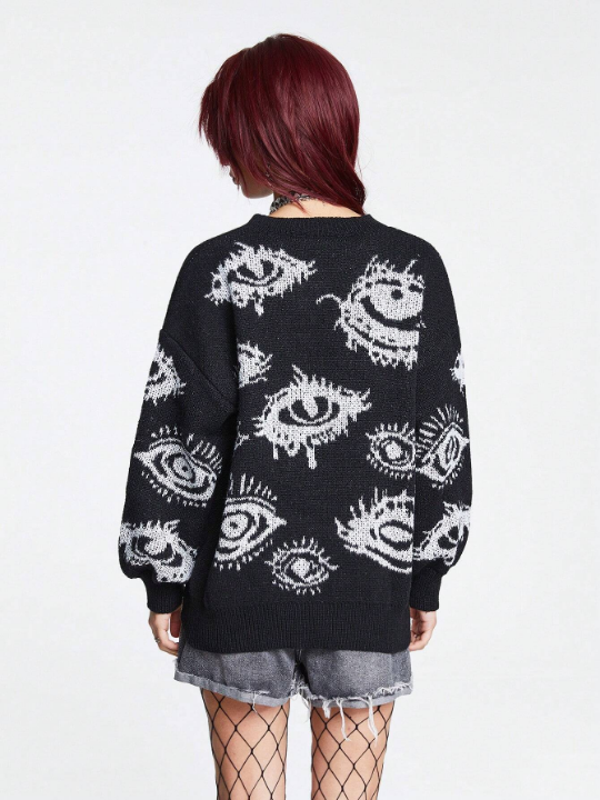 ROMWE Grunge Punk Eye Pattern Drop Shoulder Sweater