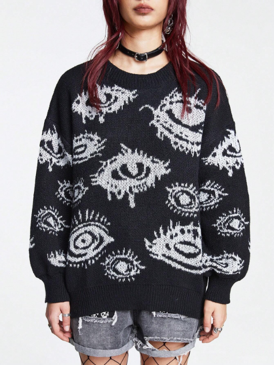 ROMWE Grunge Punk Eye Pattern Drop Shoulder Sweater