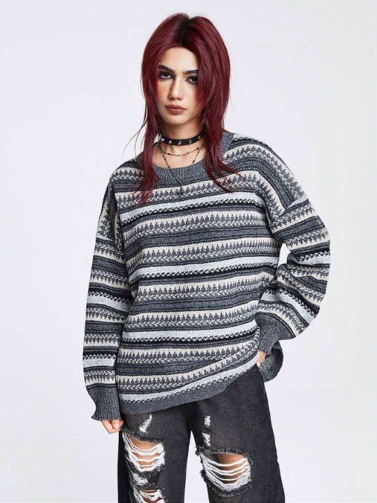 ROMWE Academia Geo Pattern Drop Shoulder Sweater