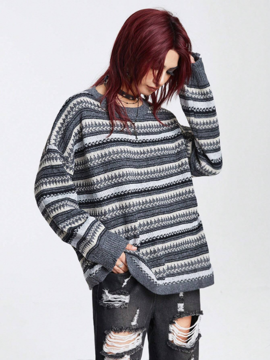 ROMWE Academia Geo Pattern Drop Shoulder Sweater