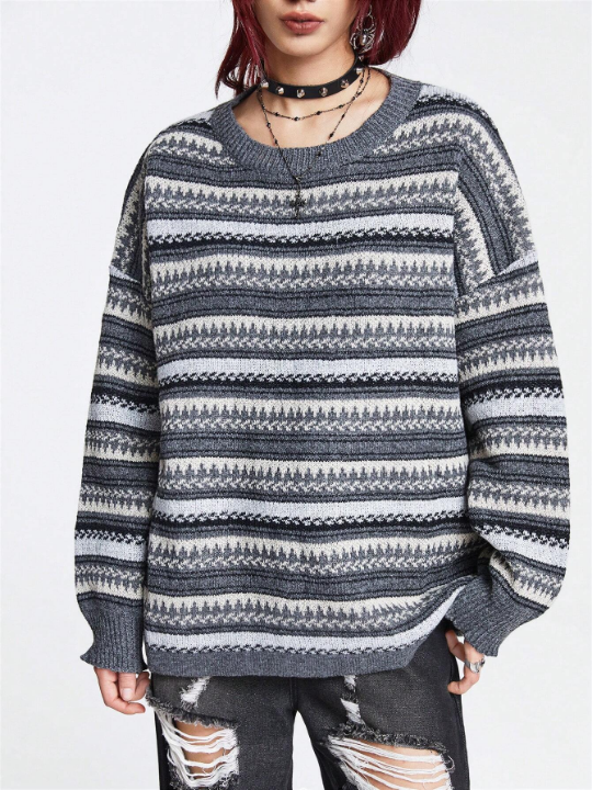 ROMWE Academia Geo Pattern Drop Shoulder Sweater