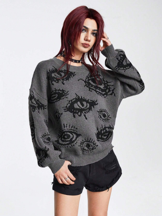 ROMWE Grunge Punk Eye Pattern Drop Shoulder Sweater