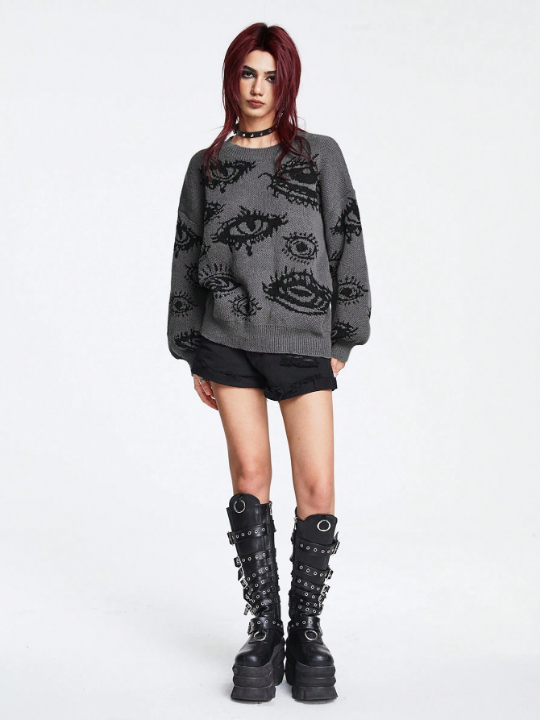 ROMWE Grunge Punk Eye Pattern Drop Shoulder Sweater