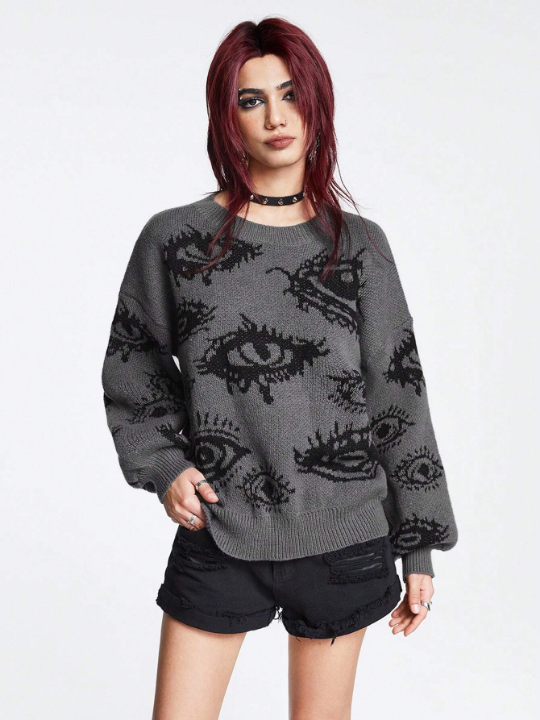 ROMWE Grunge Punk Eye Pattern Drop Shoulder Sweater