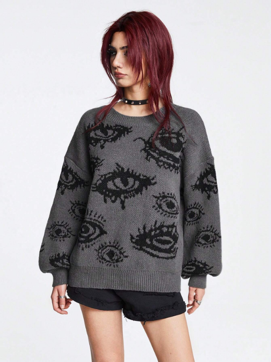 ROMWE Grunge Punk Eye Pattern Drop Shoulder Sweater