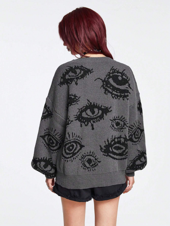 ROMWE Grunge Punk Eye Pattern Drop Shoulder Sweater