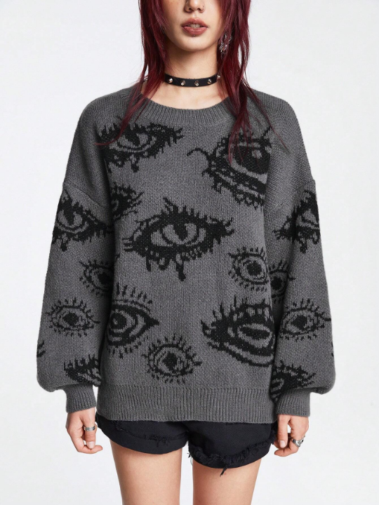 ROMWE Grunge Punk Eye Pattern Drop Shoulder Sweater