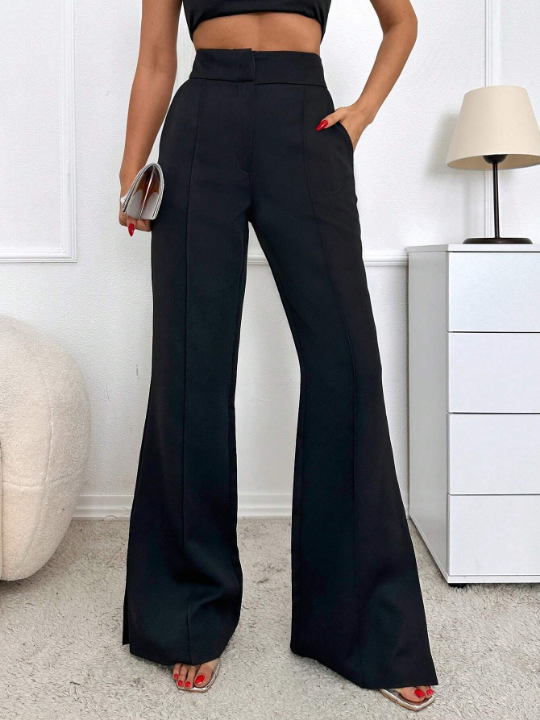 Essnce High Waist Plicated Detail Flare Leg Slant Pocket Suit Pants