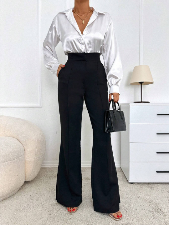 Essnce High Waist Plicated Detail Flare Leg Slant Pocket Suit Pants