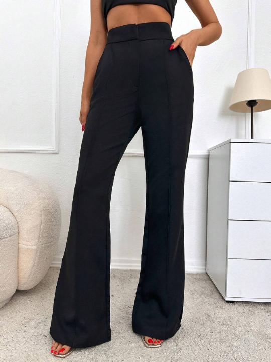 Essnce High Waist Plicated Detail Flare Leg Slant Pocket Suit Pants