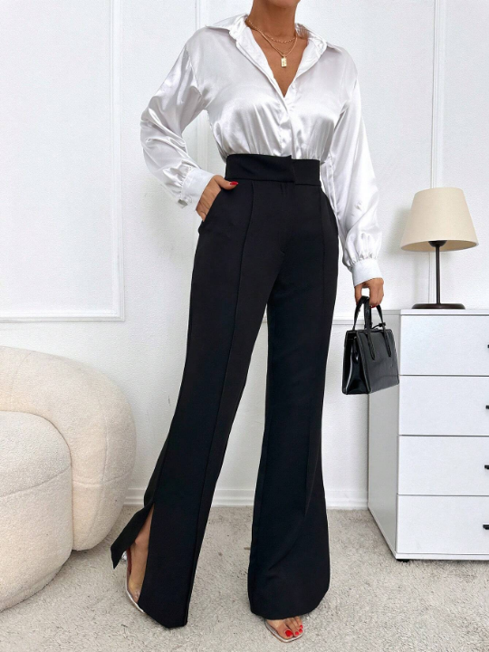 Essnce High Waist Plicated Detail Flare Leg Slant Pocket Suit Pants