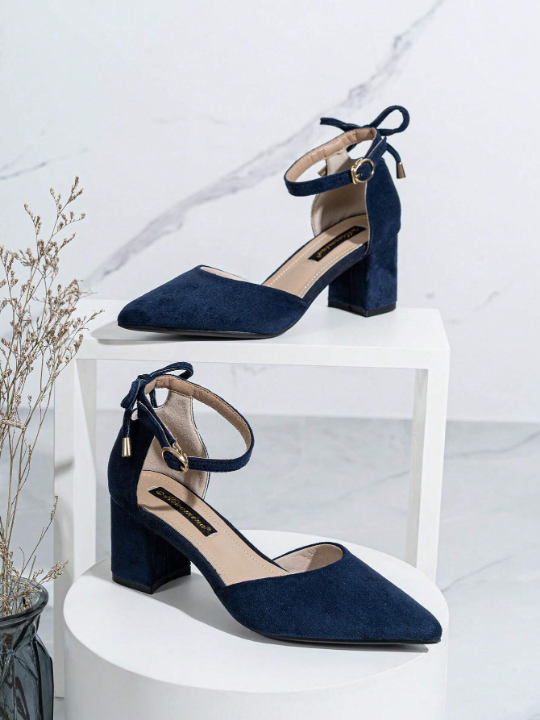 Women's Comfortable High-Heeled Single Shoes With Chunky Heels And Hollow Butterfly Design, Round Toe, Suitable For Office Lady, Made Of Suede Material In Royal Blue Color