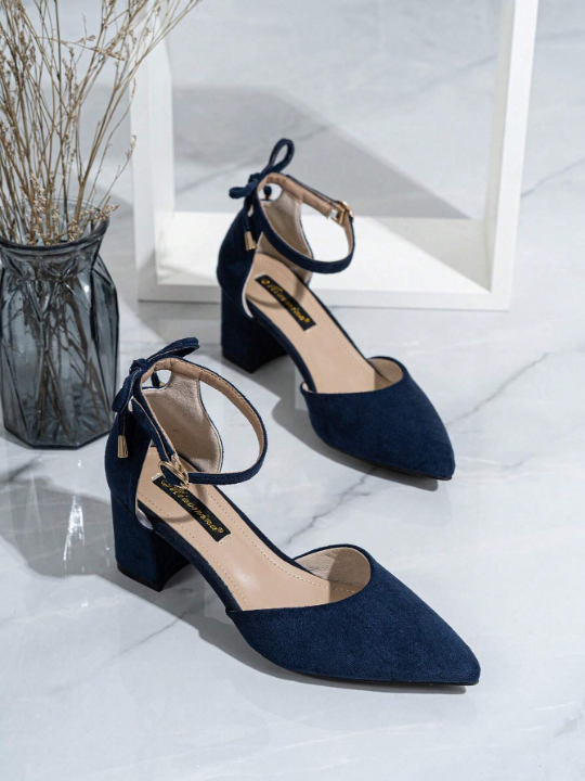 Women's Comfortable High-Heeled Single Shoes With Chunky Heels And Hollow Butterfly Design, Round Toe, Suitable For Office Lady, Made Of Suede Material In Royal Blue Color