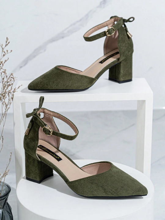 Butterfly Bowknot Hollow Out Chunky Heel Pointed Toe Pumps For Women, Elegant Office Lady Shoes, Velvet Green For Comfy Wear