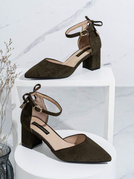 Bow Knot Cut Out Block Heel Lady Pumps Chic Versatile Office Pointed Toe Heels Women's Shoes Coffee In Suede Comfortable Slip-On Shoes