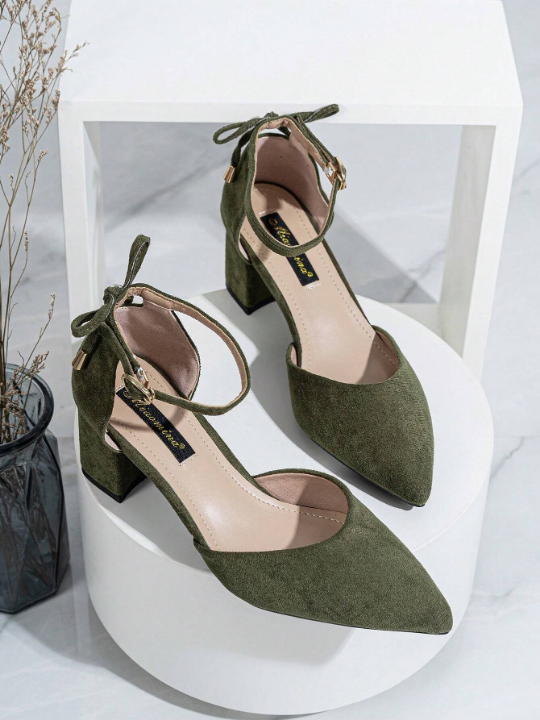 Butterfly Bowknot Hollow Out Chunky Heel Pointed Toe Pumps For Women, Elegant Office Lady Shoes, Velvet Green For Comfy Wear