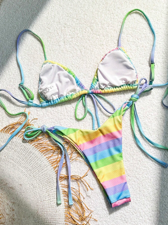 Swim Vcay Ladies' Colorful Spaghetti Strap Bikini Set (Random Triangle Cup Design + Print Pattern)