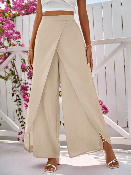 VCAY Women's Solid Color Wrap Wide Leg Pants