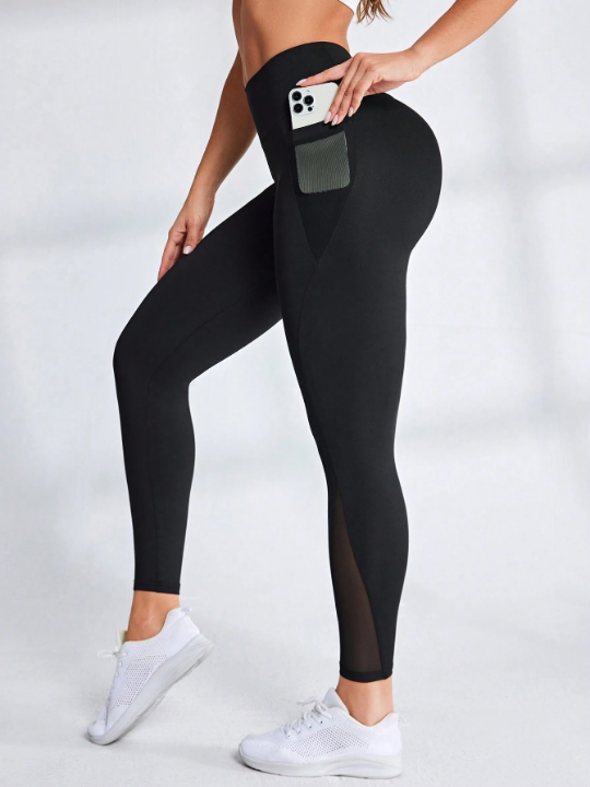 Solid Color Mesh Patchwork Leggings With Pockets For Sports