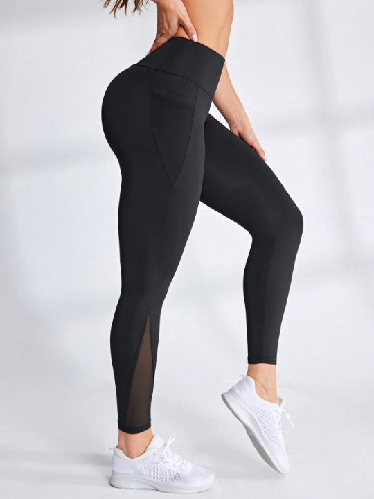 Solid Color Mesh Patchwork Leggings With Pockets For Sports