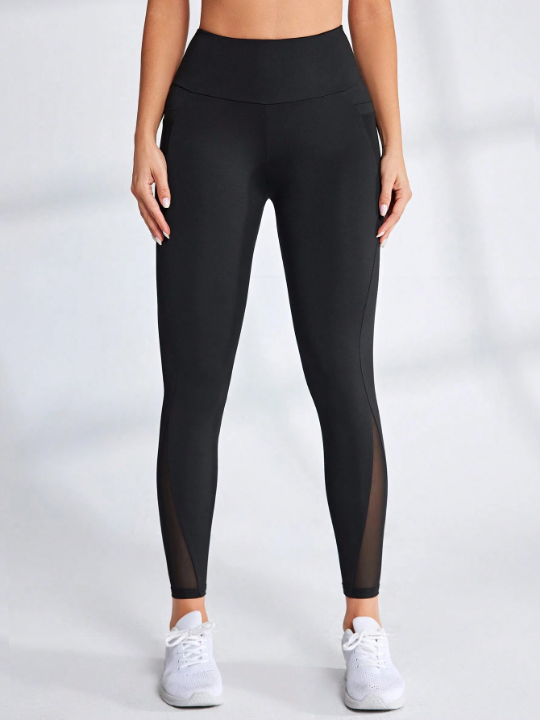 Solid Color Mesh Patchwork Leggings With Pockets For Sports