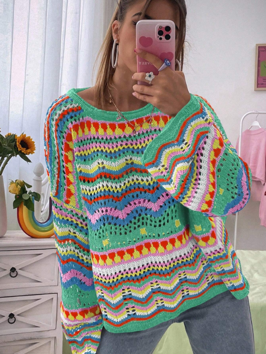 Women's Colorful Wave Pattern Drop Shoulder Sweater, Great For Vacation