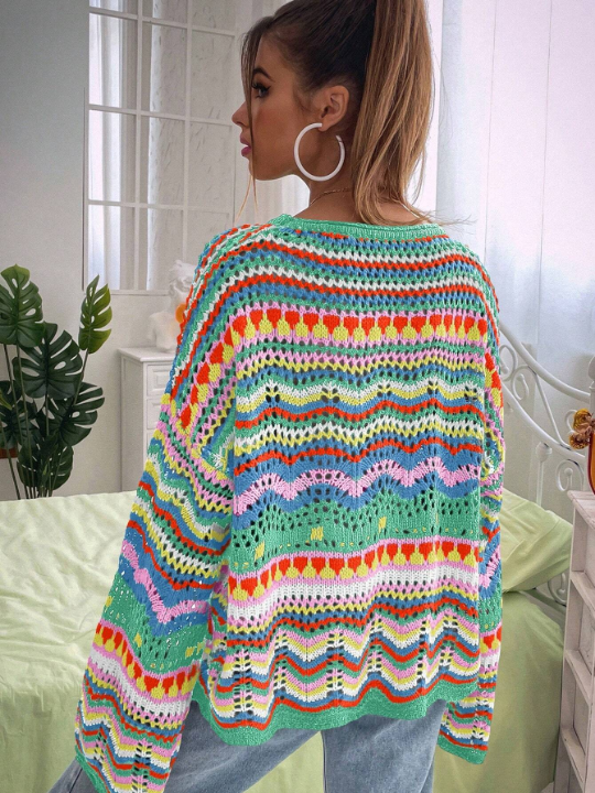 Women's Colorful Wave Pattern Drop Shoulder Sweater, Great For Vacation