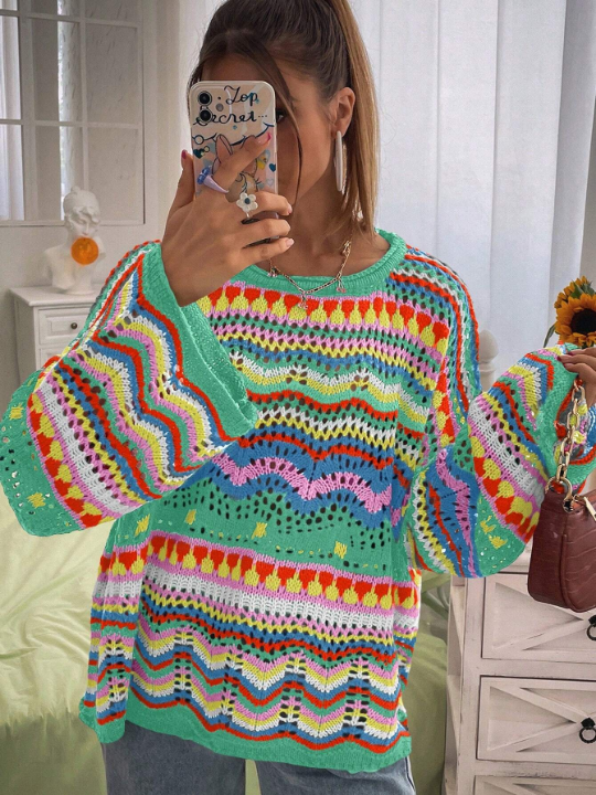 Women's Colorful Wave Pattern Drop Shoulder Sweater, Great For Vacation