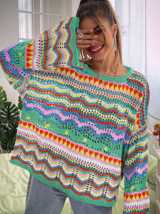 Women's Colorful Wave Pattern Drop Shoulder Sweater, Great For Vacation