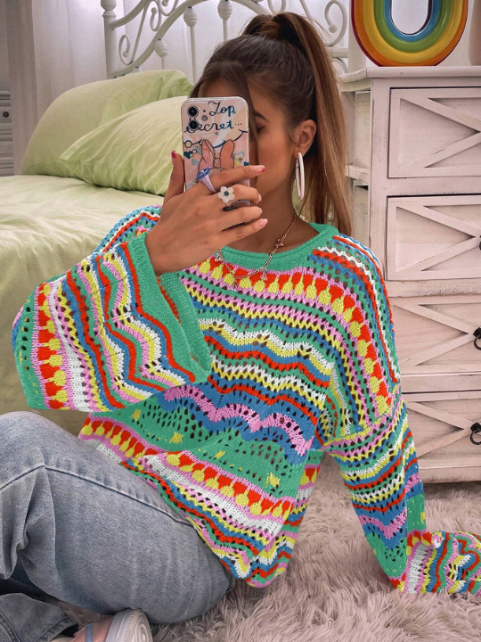 Women's Colorful Wave Pattern Drop Shoulder Sweater, Great For Vacation