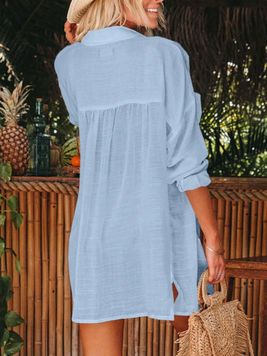 1pc Women's Pocket Front Casual Beach Shirt Cover Up Dress