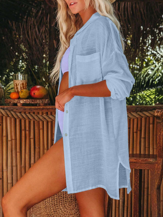 1pc Women's Pocket Front Casual Beach Shirt Cover Up Dress